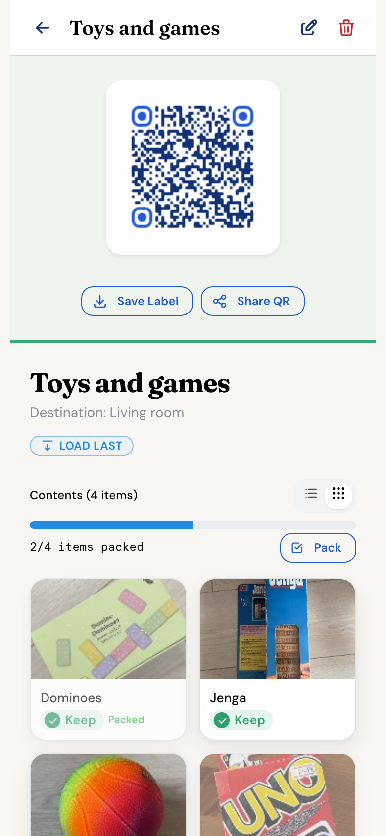 A box's page on a phone showing its QR code, its Fragile and Load Last tags, and a checklist of five items with the packed ones struck through