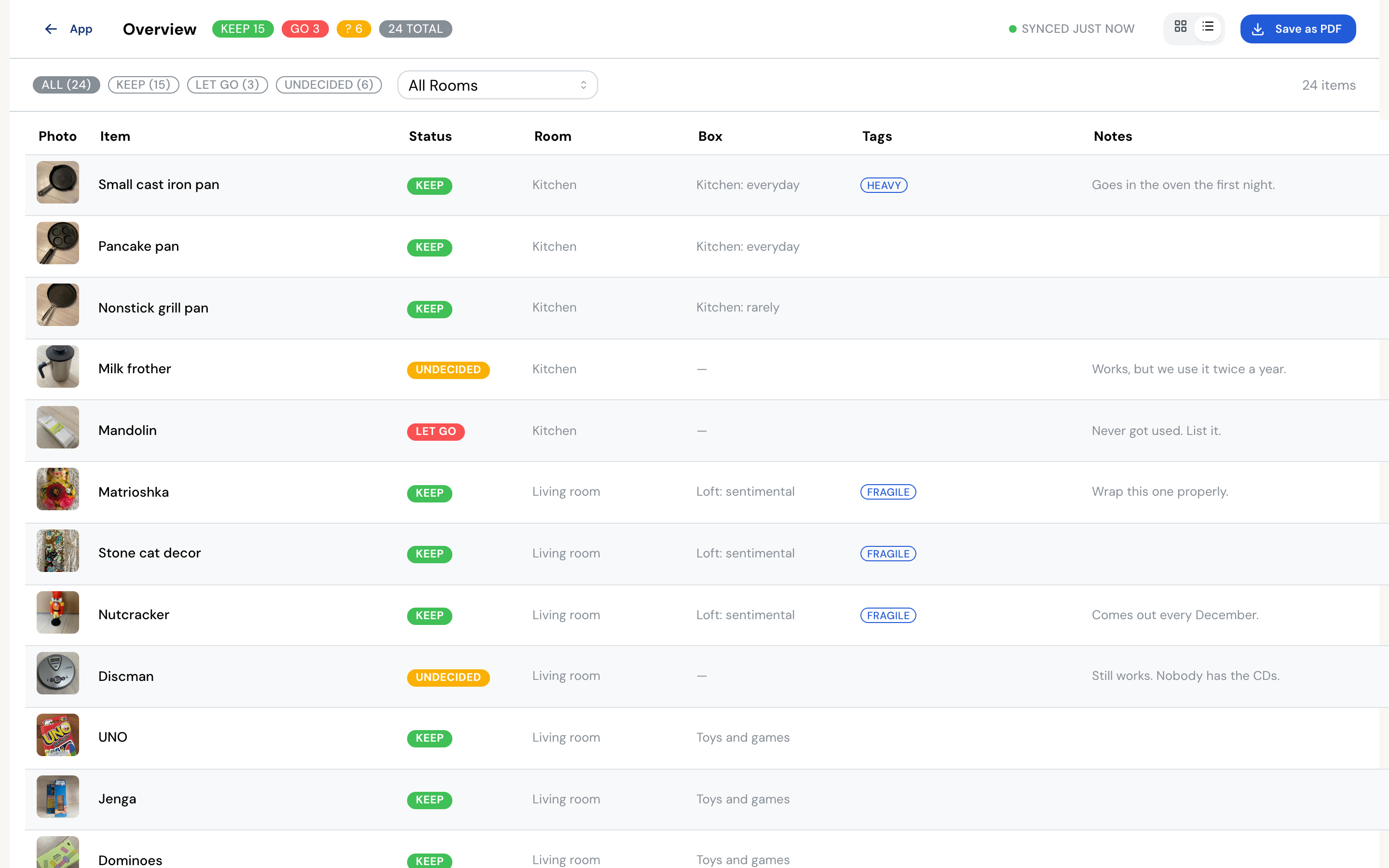 The Overview screen listing items in a table with a photo of each one, alongside its status, room, box, tags and notes